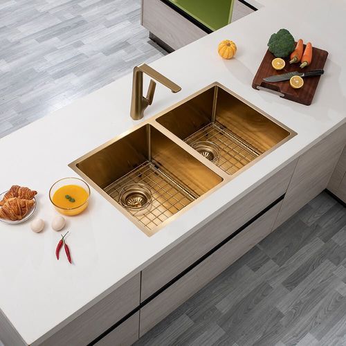 Stainless Steel Kitchen Sink - 820mm Double Bowl - Brushed Gold
