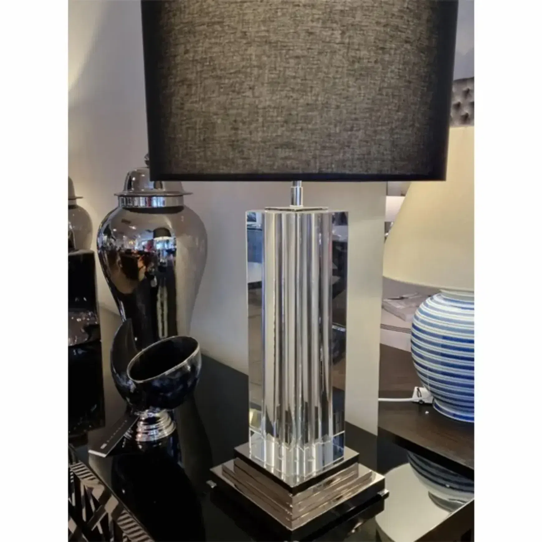 Murano Table Lamp - Crystal With Black Linen Shade