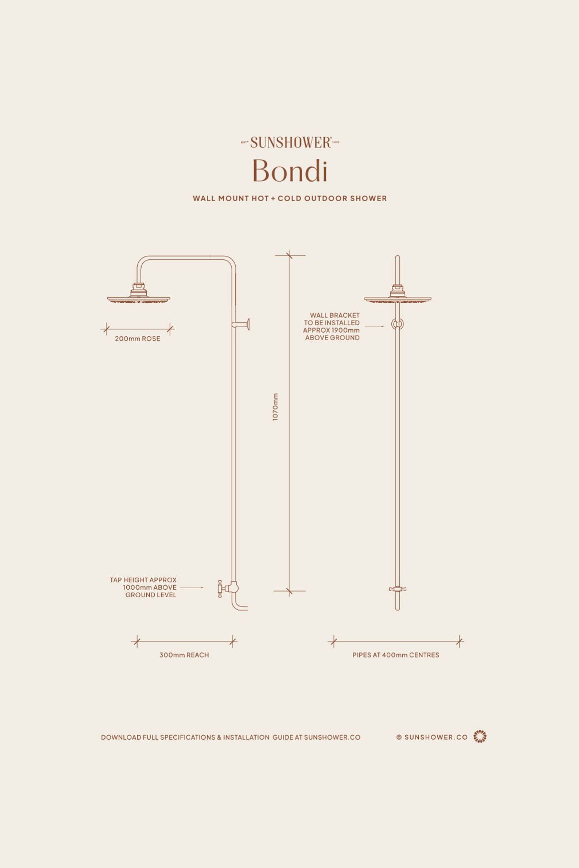 Bondi Wall Mount Outdoor Shower | Cold | Brass