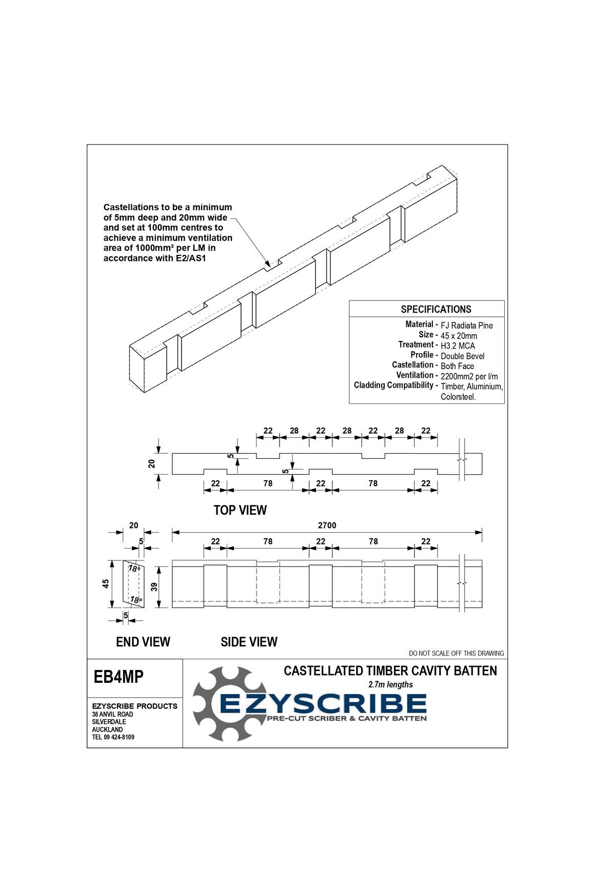 EB4MP Castellated Timber Cavity Batten dimensions