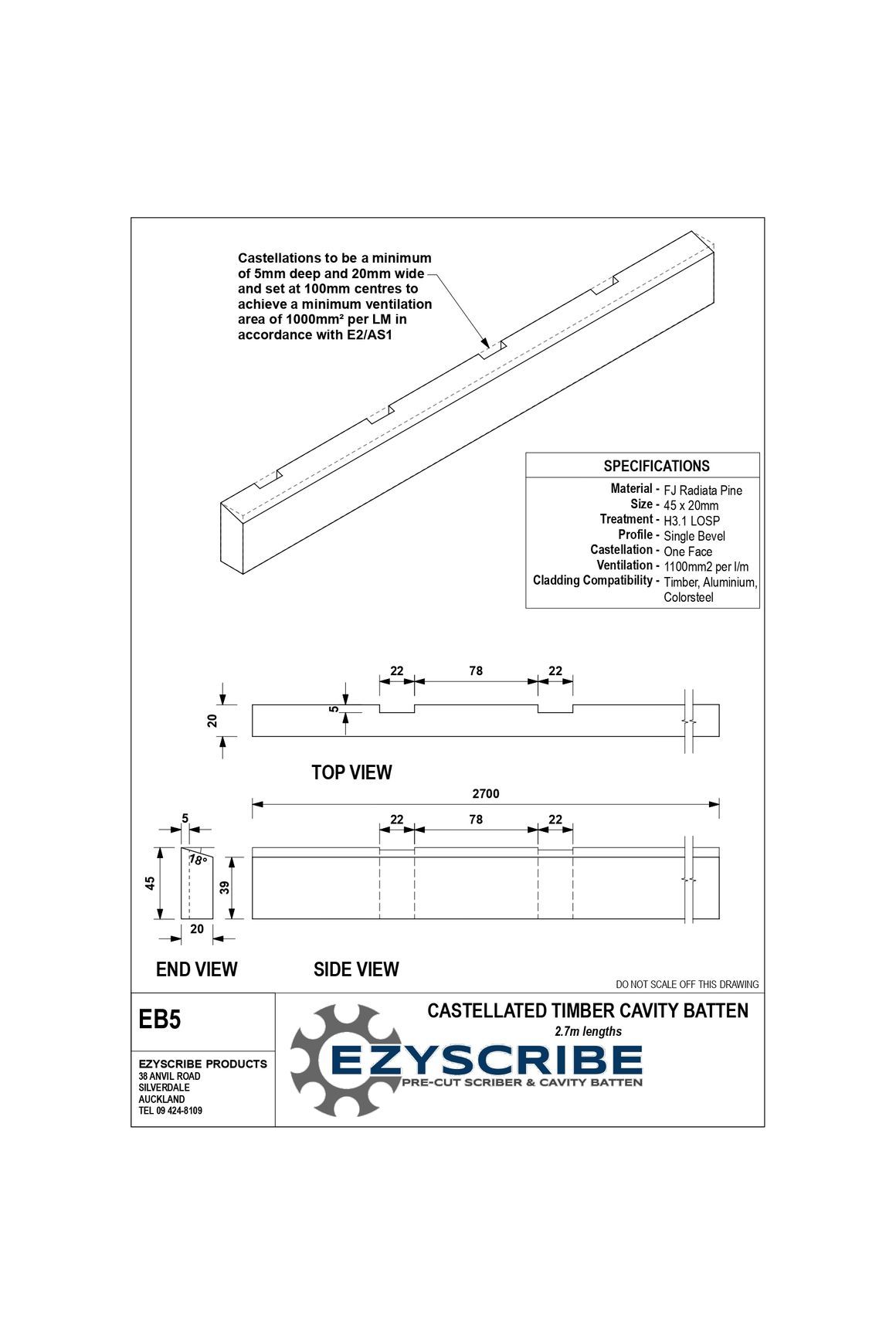 EB5 Castellated Timber Cavity Batten dimensions