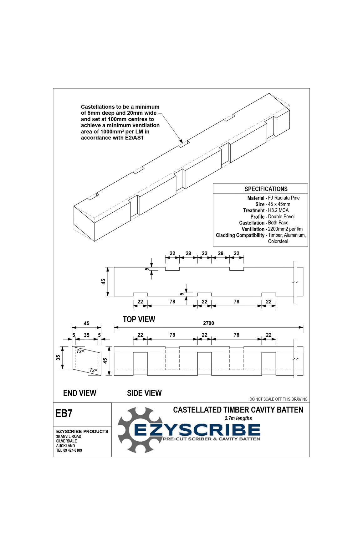 EB7 Castellated Timber Cavity Batten dimensions