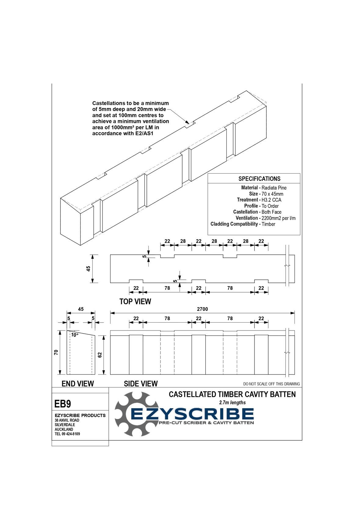 EB9 Castellated Timber Cavity Batten dimensions