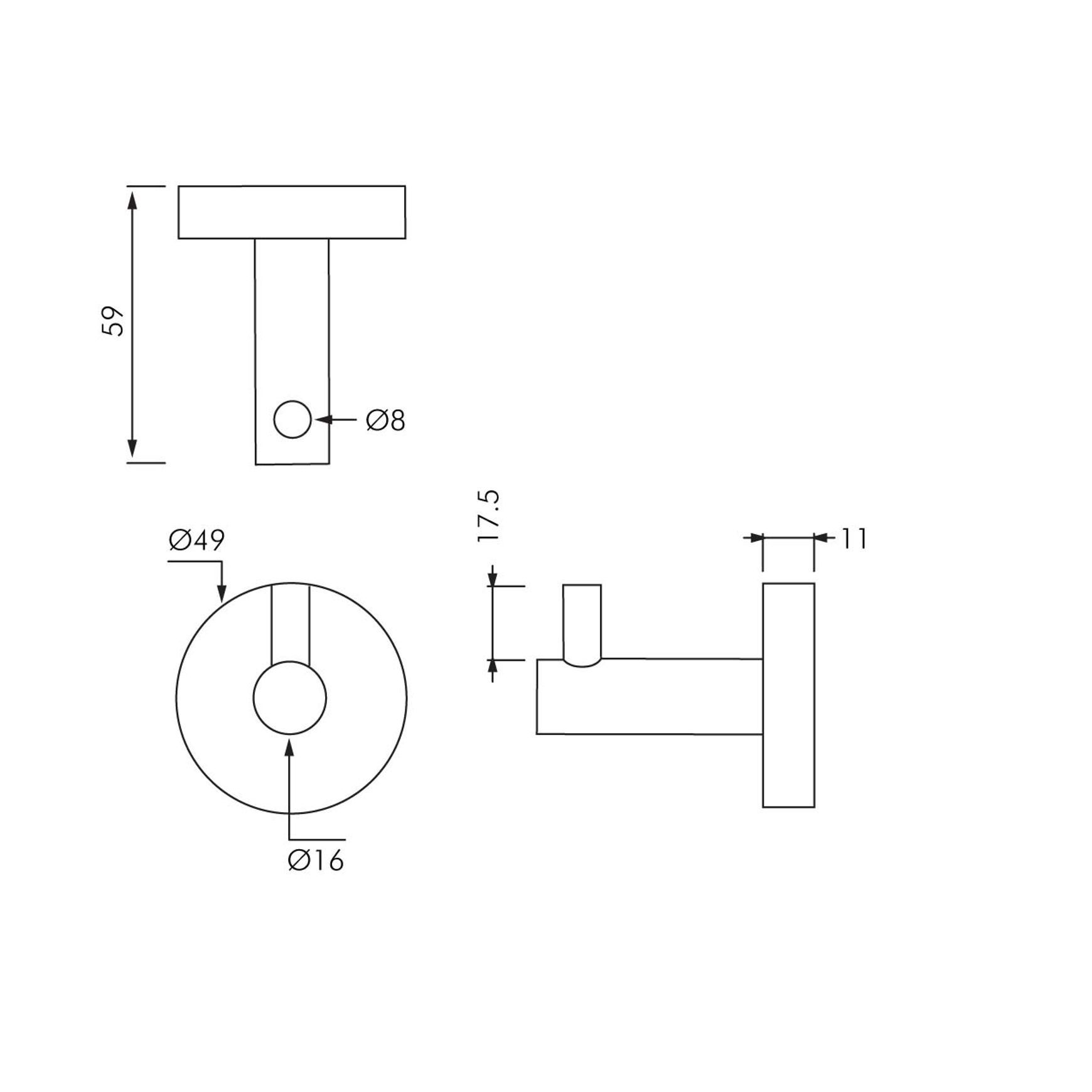 Single Stainless Steel Robe Hook dimensions