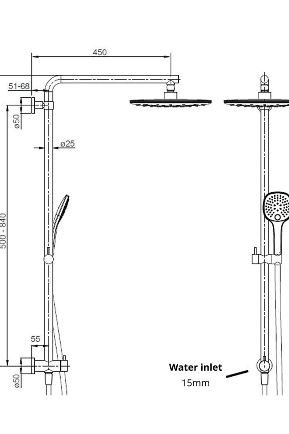 Splash Plus Square Column Shower 3 Function dimensions