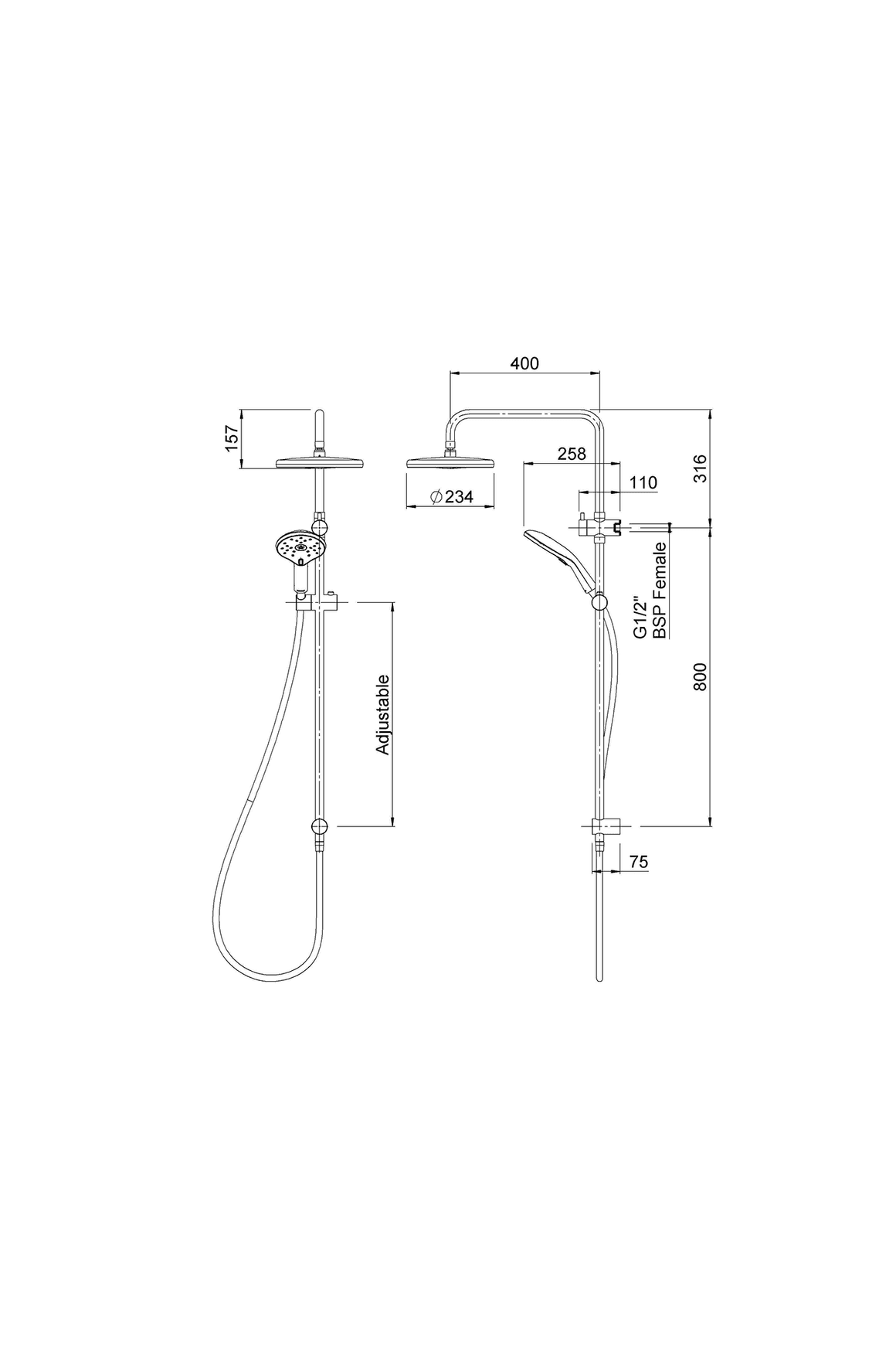 Satinjet Koha MKII Twin Shower Set dimensions
