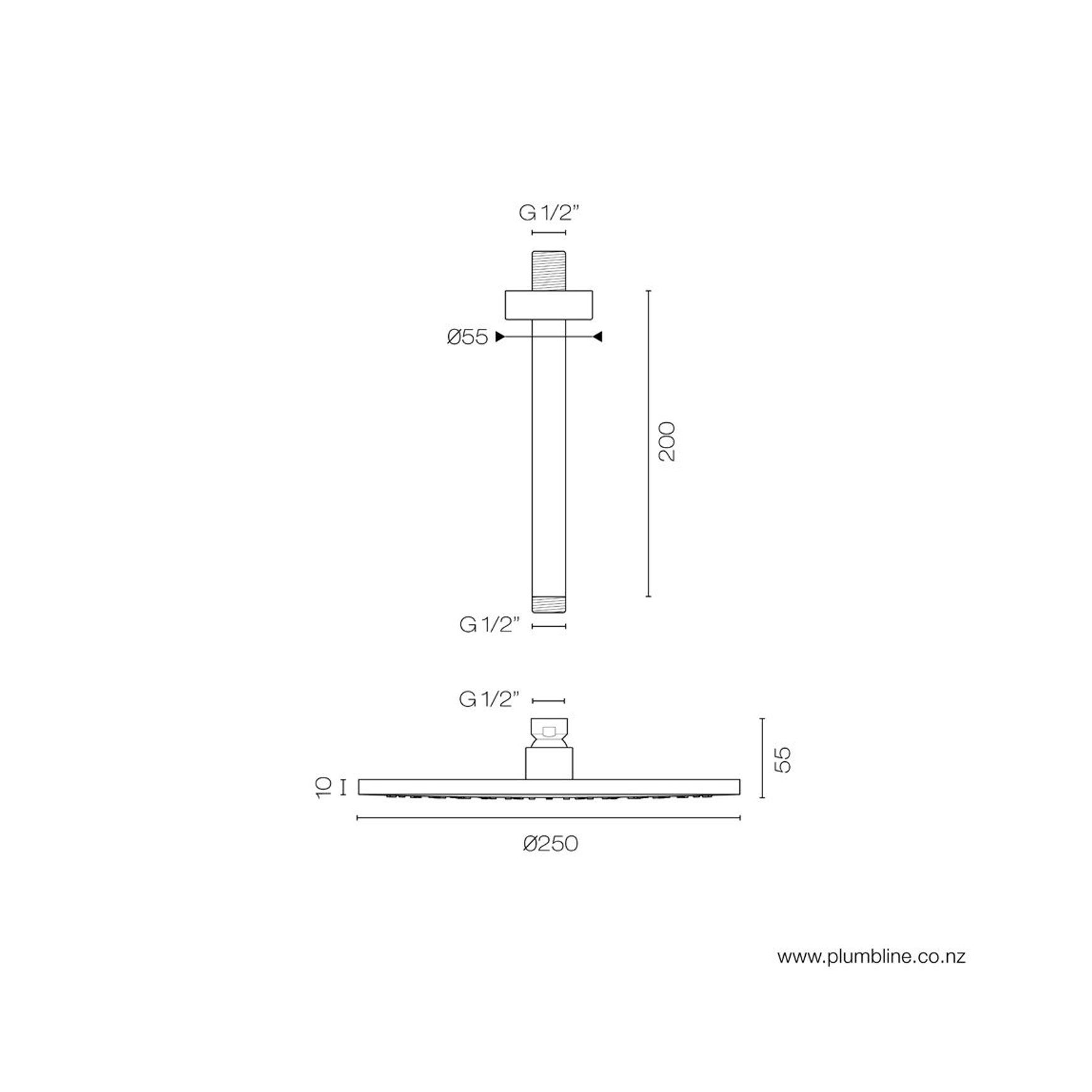 Tube Ceiling Mount Rainhead 250mm