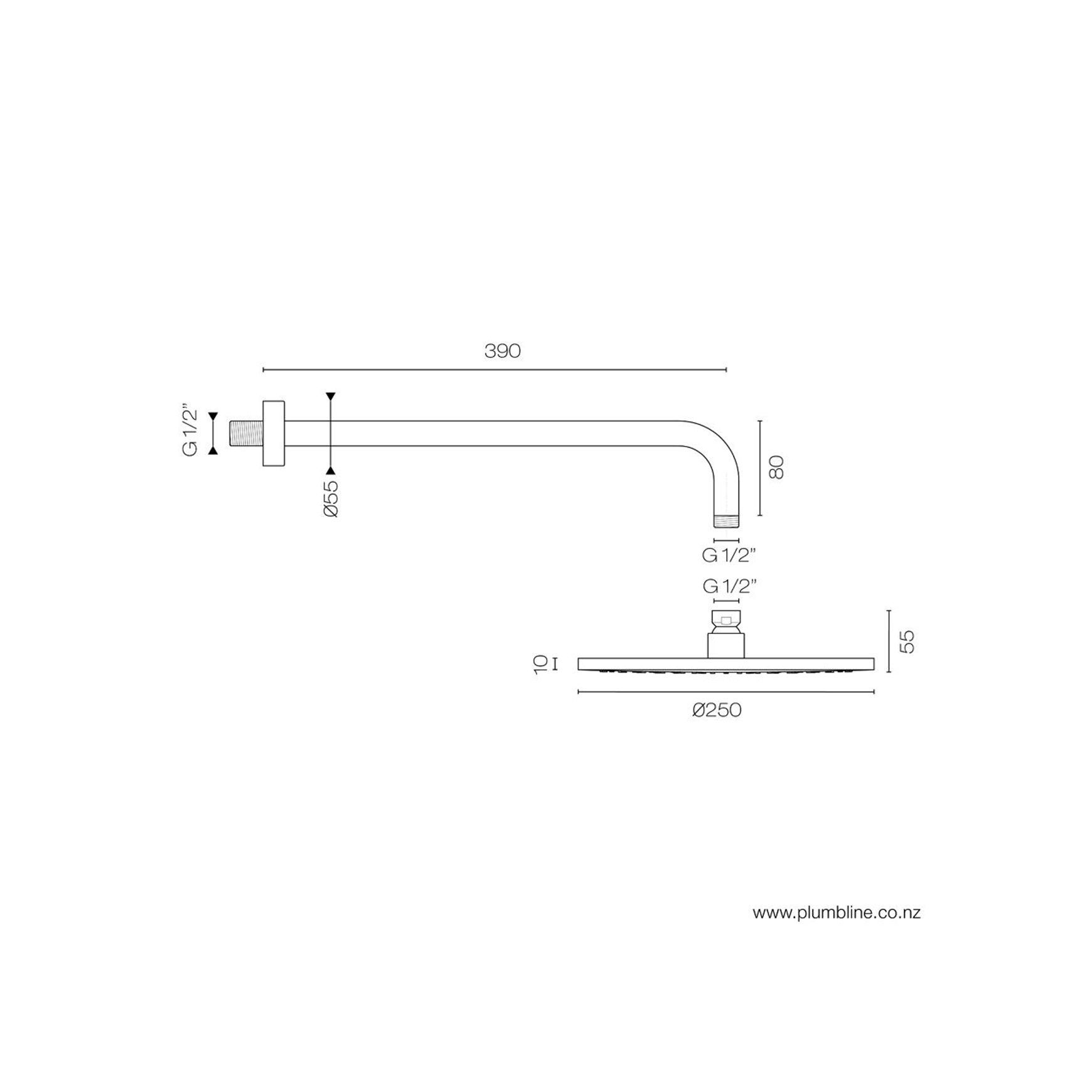 Tube Wall Mount Rainhead 250mm