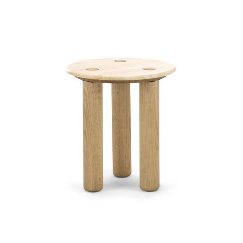 Ayra 45cm Round Travertine Side Table | Cream & Natural Oak