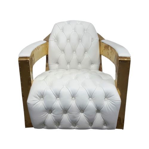 Regal Aviator Polished Brass and White Leather Chesterfield Club Armchair