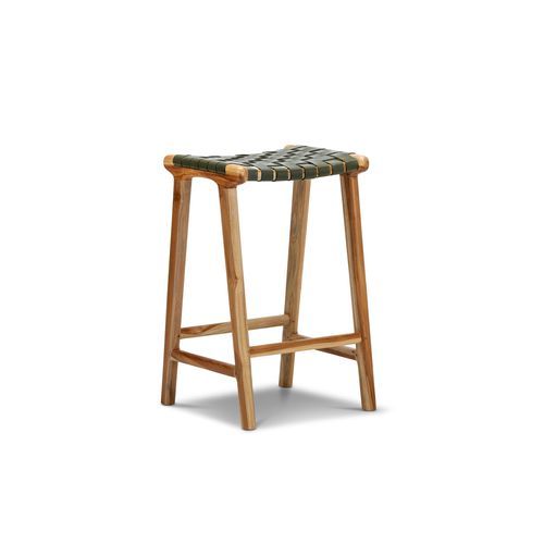 Lazie Leather Strapping Bar Stool 66cm | Teak & Olive