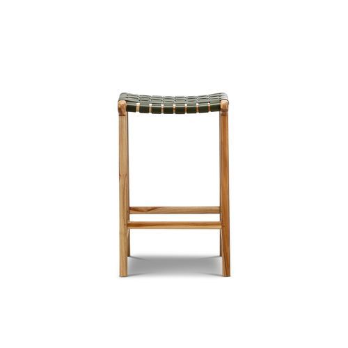 Lazie Leather Strapping Bar Stool 66cm | Teak & Olive