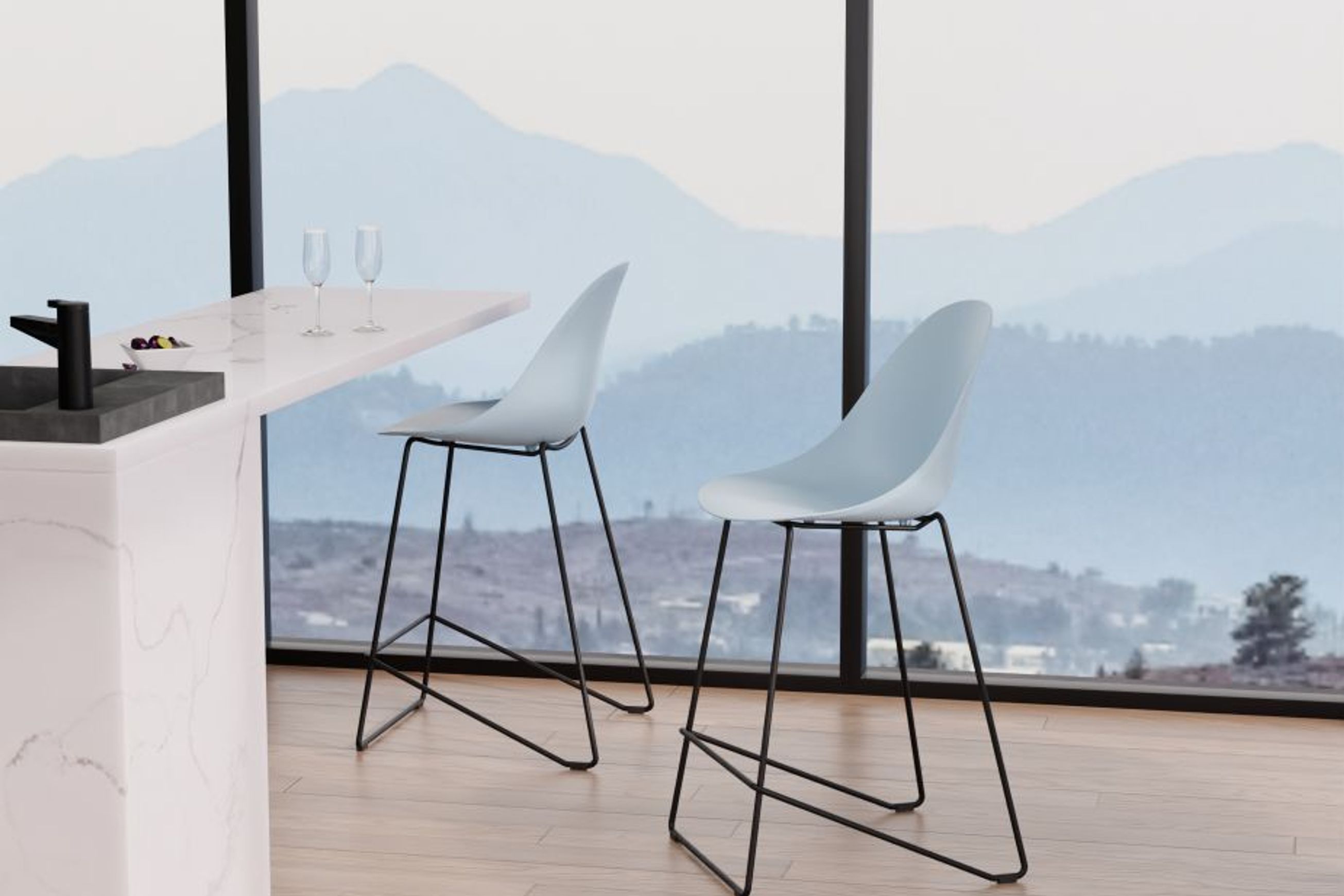 Pebble Blue Stool Shell Seat - Bar Stool 75cm Seat - Black Base