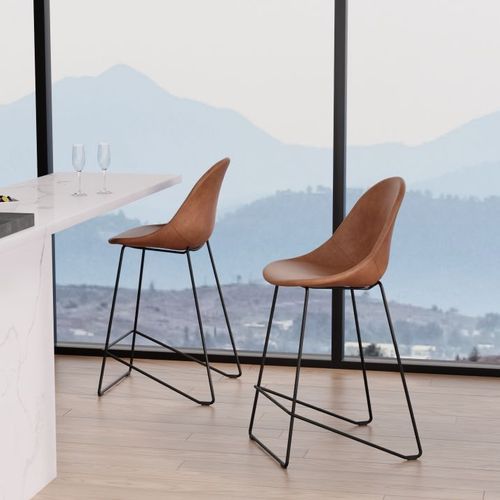 Pebble Stool Brown Upholstered Vintage Seat - Counter Stool 65cm Seat - White Base