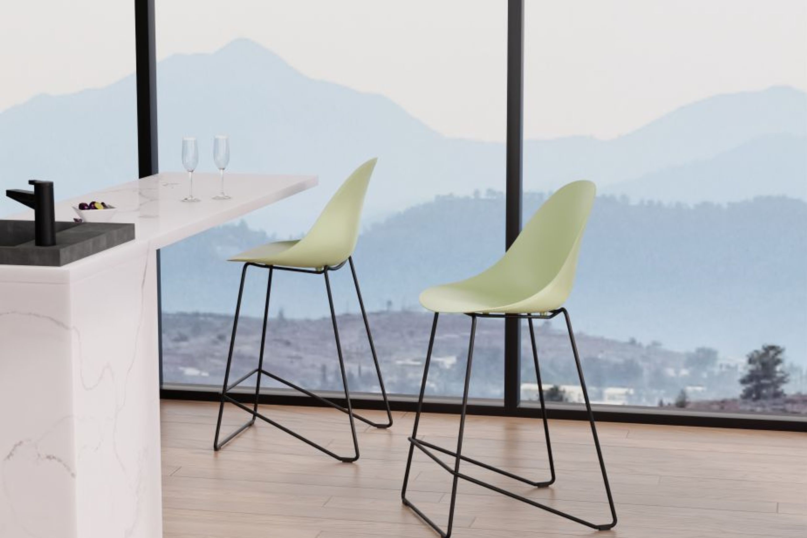 Pebble Mint Green Stool Shell Seat - Bar Stool 75cm Seat - White Base
