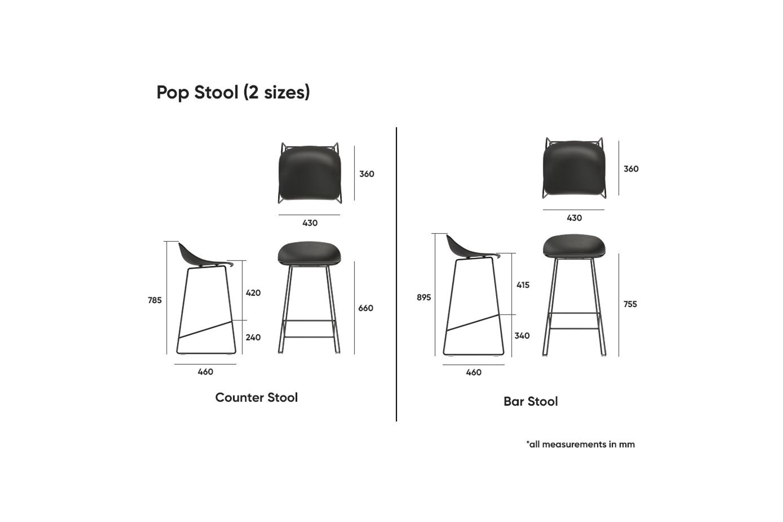 Pop Stool with Black Frame and Fabric Light Grey Seat