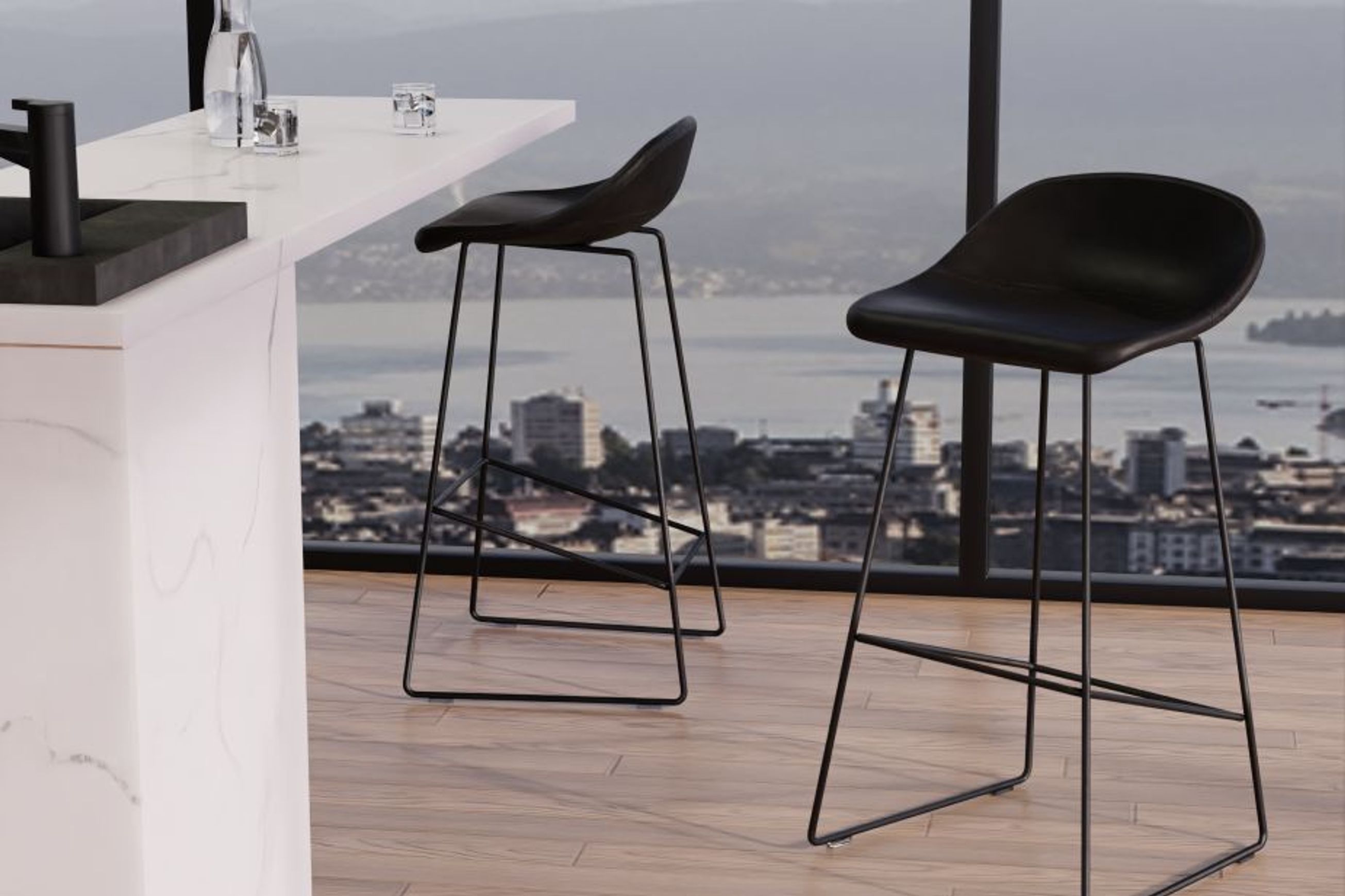 Pop Stool with Black Frame and Upholstered Vintage Black Seat