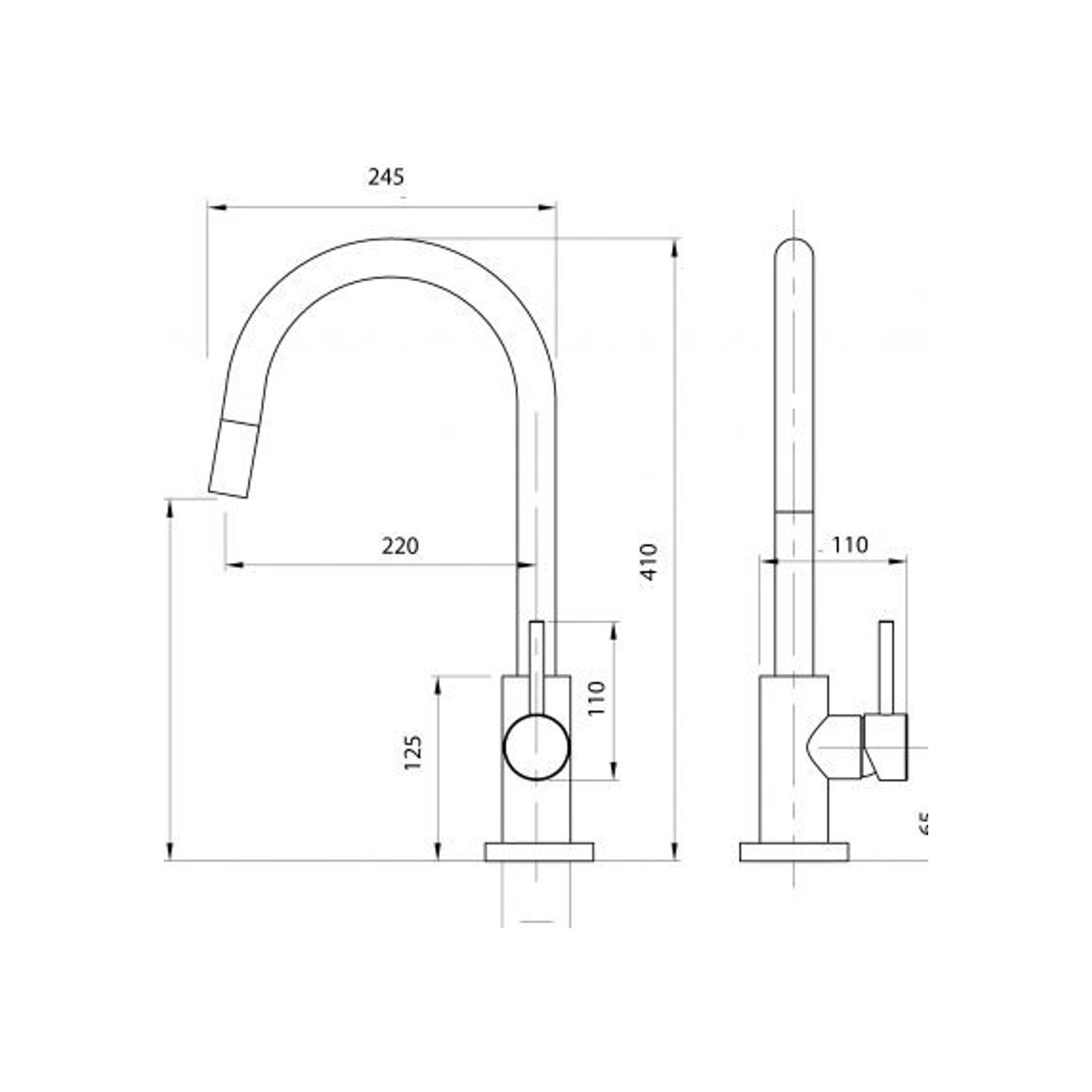 Voda Gooseneck Pull Out Sink Mixer with Cold Start tech dimensions