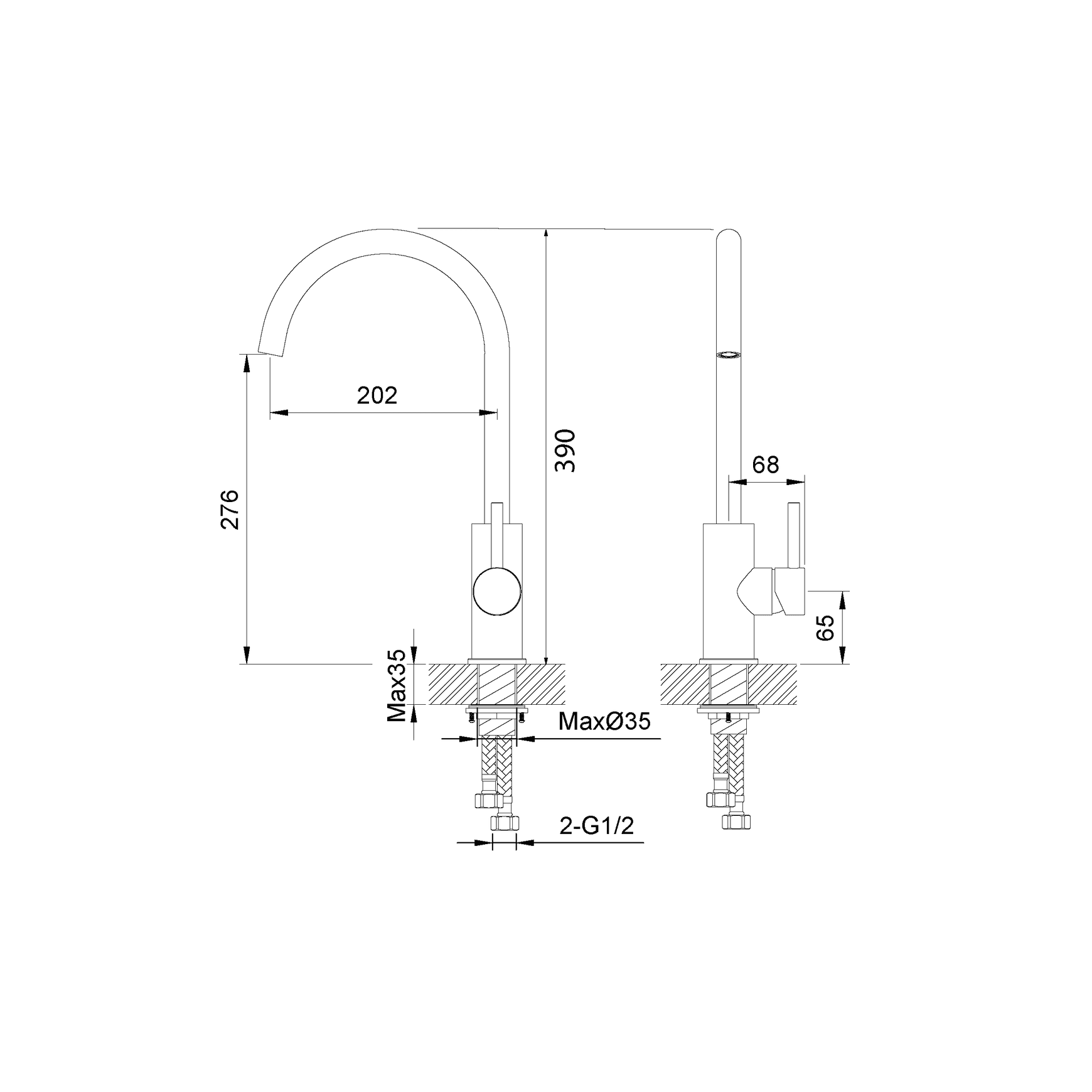 Storm Gooseneck Sink Mixer with Cold Start technology dimensions