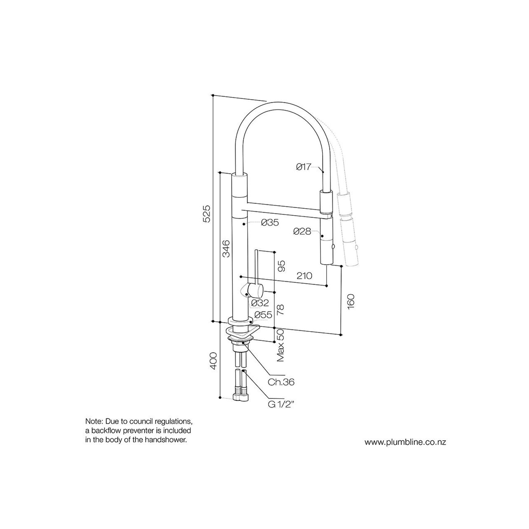 Oli Flexi Spout Kitchen Mixer dimensions