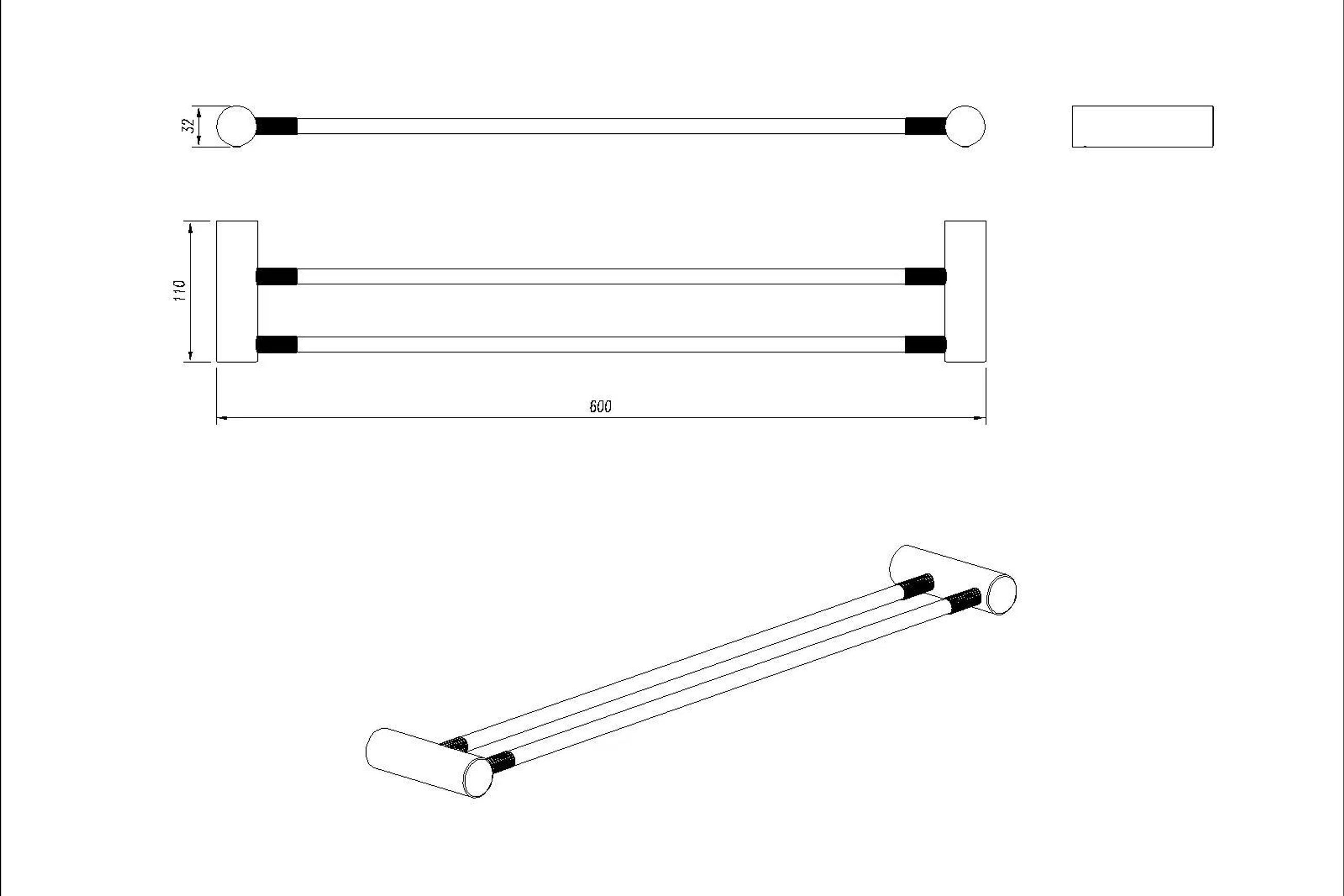Caddence Double Towel Rail 600mm Brushed Nickel dimensions