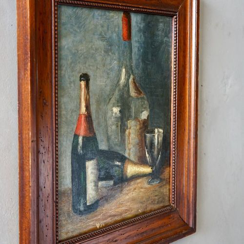 French Still-Life Oil Painting of Wine Bottles