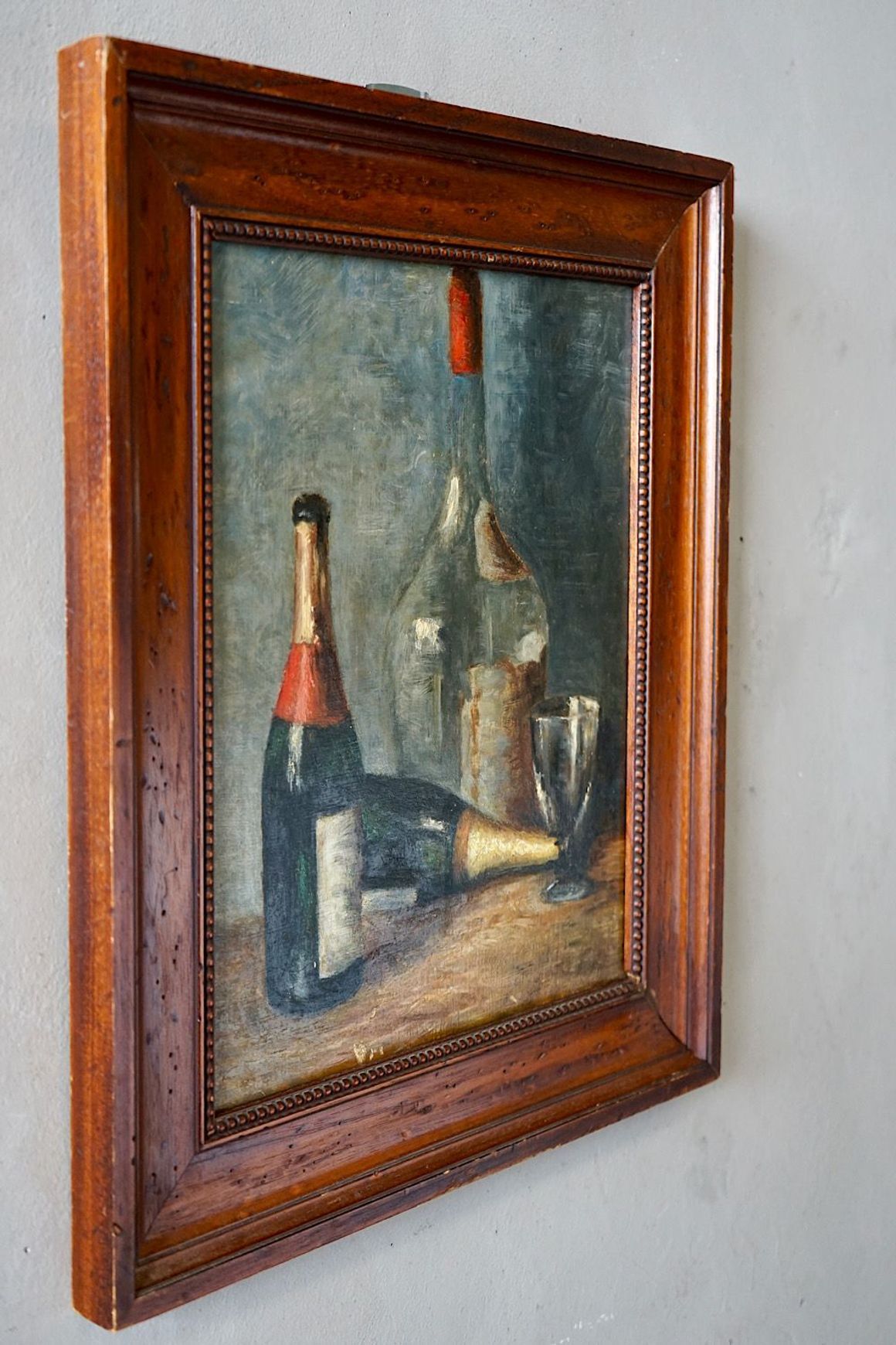 French Still-Life Oil Painting of Wine Bottles