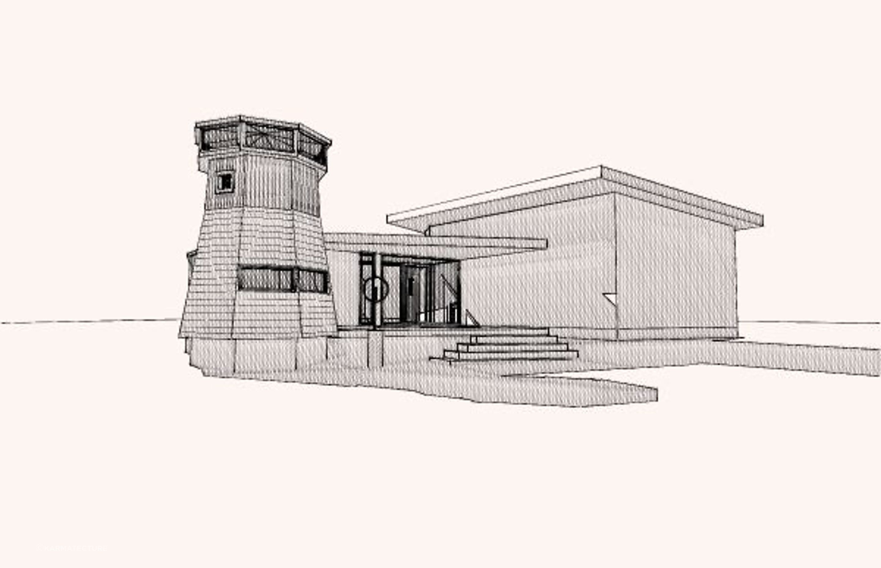 Early sketch elevation showing the arrangement of structures