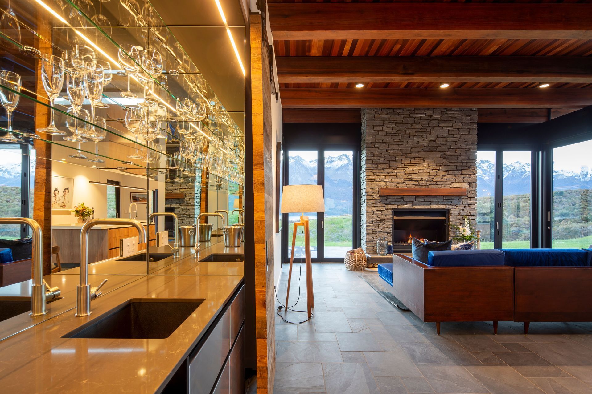 A drinks area in the open-plan living space is perfect for entertaining, and can be hidden away when not in use.