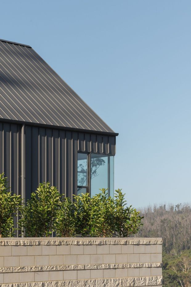 A close-up exterior view of a contemporary building with dark vertical metal wall cladding, a steep standing-seam metal roof, and a large glazed corner window. A light masonry boundary wall and hedge occupy the foreground, with trees and clear sky in the background.