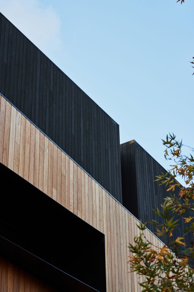 A close-up upward view of a contemporary building facade with sharply angled rooflines and intersecting volumes. The exterior combines vertical dark timber cladding with lighter natural timber boarding, creating a strong geometric contrast against a clear blue sky. Vegetation partially frames the lower-right edge, while a deep black recessed opening is visible at the lower left.