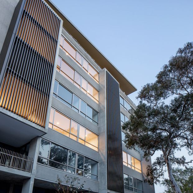 Low-angle exterior view of a multi-storey contemporary building with extensive glazed window walls, horizontal ribbed facade panels, projecting roof eaves, and prominent vertical louvred screens in grey and warm timber tones. Mature trees frame the right side, and interior lights are visible through the windows at dusk.