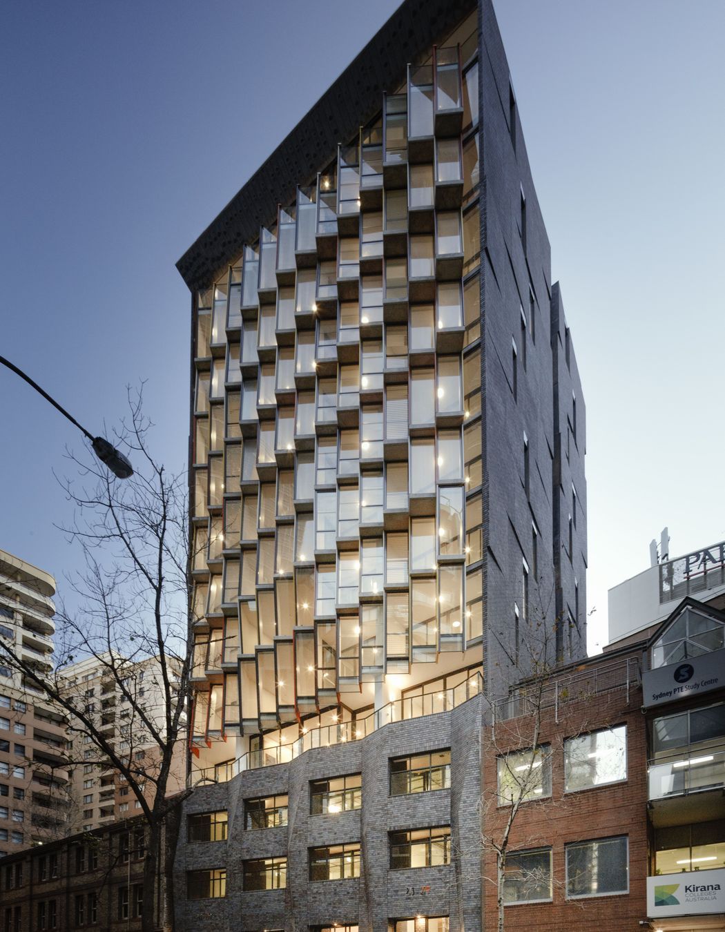 The stunning angled brick inlay facade and brick podium - every brick face is sculptured