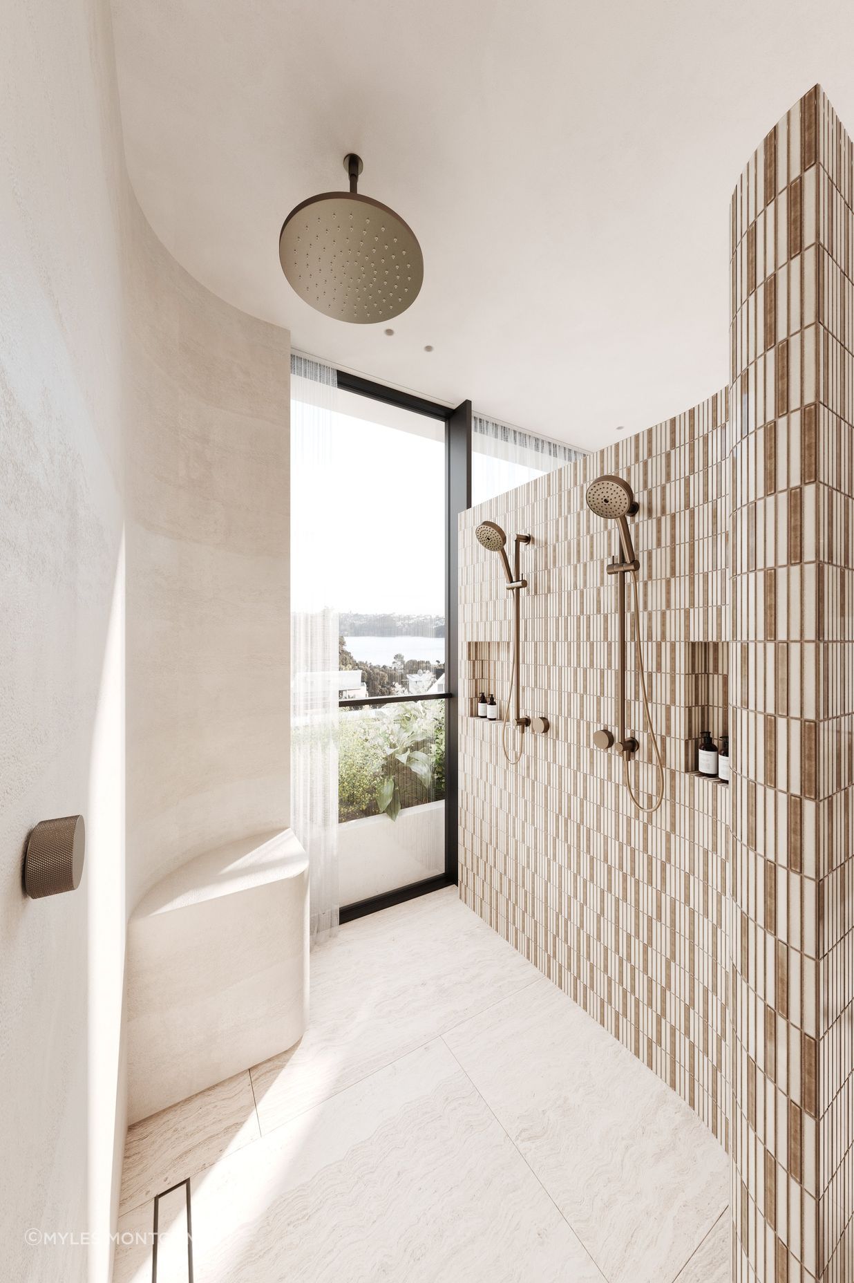 Refined double showers provide a ritualistic setting.