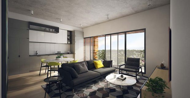 A contemporary open-plan apartment interior combining a compact kitchen and dining area with a living room. The space features dark cabinetry, white tiled backsplash, a black sectional sofa, low-profile dining furniture, geometric patterned rug, round coffee table, and full-height black-framed glazing overlooking greenery. A textured concrete ceiling and polished modern finishes give the room an urban, refined character.
