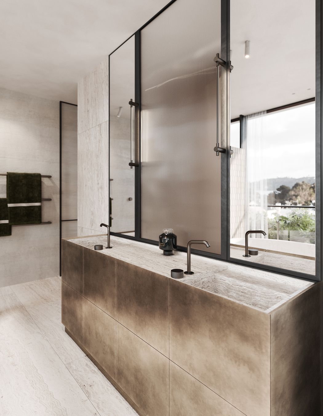 Travertine and brass edge vanity provide a truth of materiality.