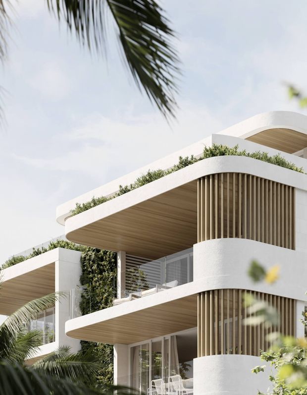 Contemporary multi-storey residential building with sweeping curved balconies, white rendered walls, warm timber-lined soffits, vertical timber screening, extensive glazing, and integrated rooftop planting. Tropical palms and lush greenery frame the foreground, reinforcing a resort-like coastal setting.