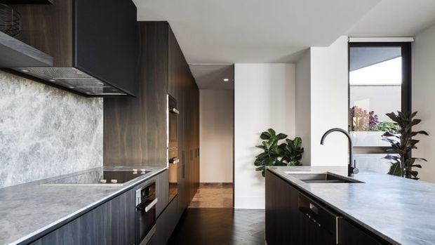 Contemporary galley-style kitchen with a large island, dark timber cabinetry, pale stone benchtops, a textured stone splashback, integrated appliances, and a deep black-framed window. Indoor plants add a natural accent to the otherwise refined neutral palette.