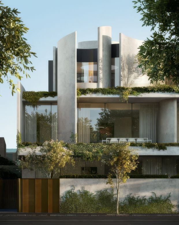A multi-storey contemporary residential facade viewed from the street, featuring sculptural curved and vertical concrete forms, extensive floor-to-ceiling glazing, dark recessed sections, planted terraces and green-roof landscaping, with a timber-toned front gate and dense frontage planting.