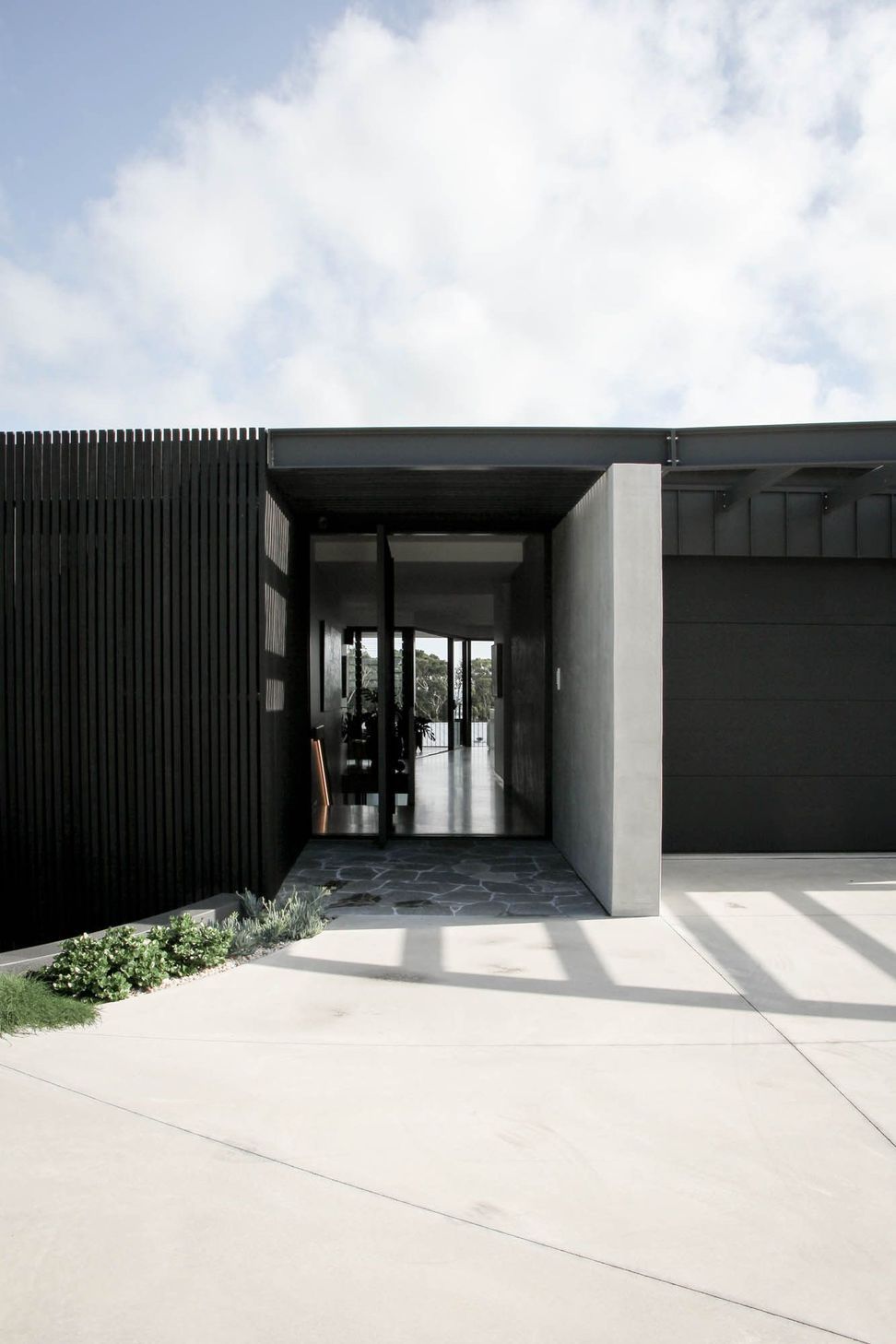 The Dual House - Entry. Glazed entry set between black cladding and a white rendered wall.