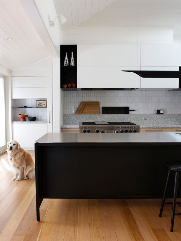Bright contemporary kitchen with white panelled cabinetry, a large black island with a light stone benchtop, pale timber flooring, and a light grey textured tile splashback. A stainless steel range cooker sits beneath the upper cabinets, with open shelving and small decorative objects at the side. A dog is visible at the edge of the adjoining area.