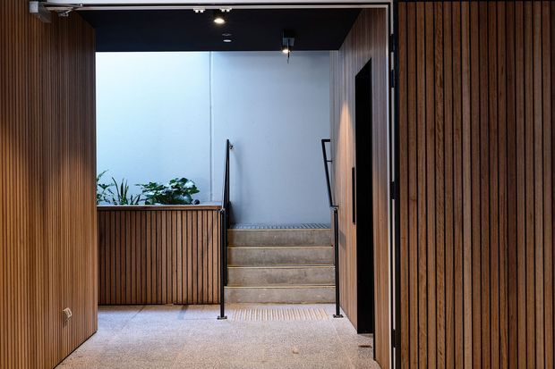 A modern interior stairway or entry landing with broad carpeted flooring and a short flight of concrete steps. Vertical dark timber slat wall panelling and matching balustrade screens frame the space, with a white rendered wall, black ceiling, slim black handrails, recessed lighting, and a small planted area visible beyond the landing.