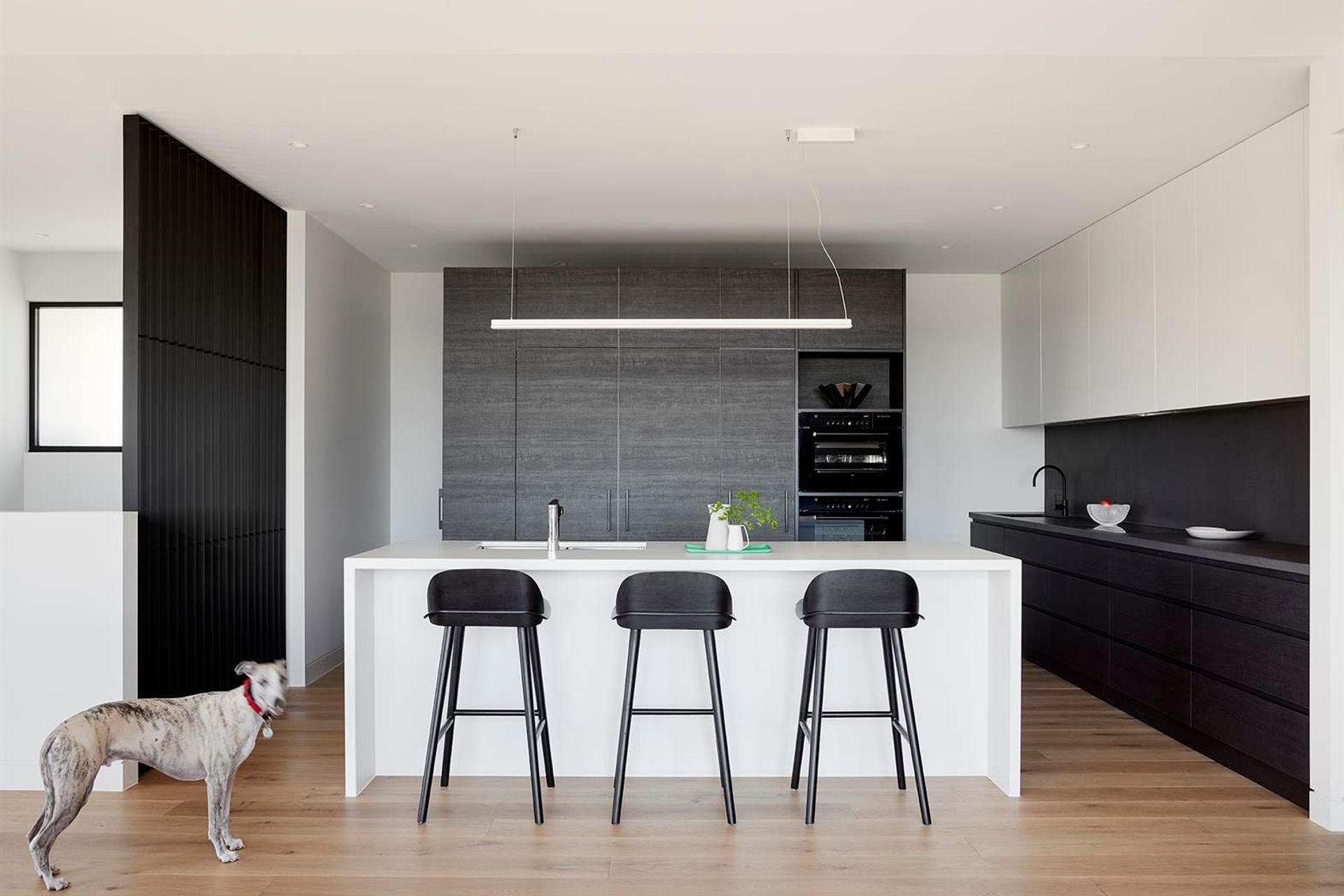 The Kitchen, as was the cellar, was central to the owner’s passion for food and wine. A dark timber veneer cabinetry ‘island’ sits behind the island bench and conceals a generous walk in pantry and storage area behind. Integrated fridges, and dark glass appliances allow this element to recede as a backdrop the bright white island bench.