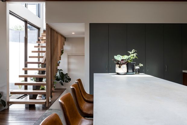 A contemporary open-plan kitchen and dining area with a large pale stone island in the foreground, dark floor-to-ceiling cabinetry behind it, and warm tan leather counter stools. To the left, a timber floating staircase with open risers and vertical timber screening sits beside expansive glazing, bringing in abundant natural light. Indoor plants add a natural accent to the otherwise refined neutral palette.