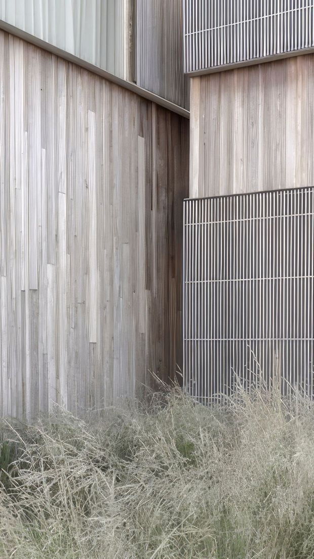 Close-up exterior architectural view of a contemporary building composed of pale vertically weathered timber cladding and contrasting dark metal screens with fine vertical slats. Intersecting wall planes and roof or balcony edges create a layered, geometric facade. Dry grasses occupy the foreground, partially obscuring the base of the building.