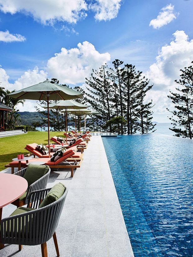Luxury outdoor infinity pool terrace overlooking a tropical coastal landscape, with rows of red-cushioned sun loungers beneath large umbrellas, woven lounge chairs, and a pale stone-paved pool deck. Tall Norfolk Island pine trees frame the view, with bright blue sky, ocean or bay, and distant hills beyond.