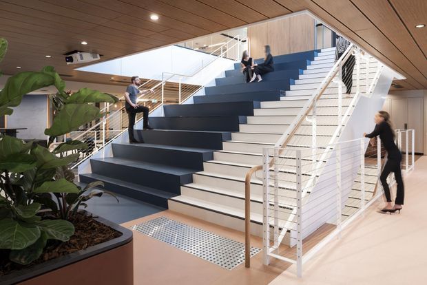 A bright contemporary interior centered on a broad sculptural staircase with alternating dark and light treads, white metal cable railings, and timber-clad ceilings and upper walls. Large indoor tropical plants occupy a raised planter at left, while several people use the stair and landing. Recessed lighting, open circulation, and visible upper-level glazing create a spacious, modern institutional or commercial setting.