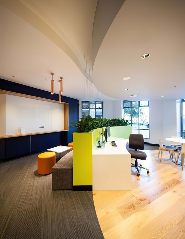 Bright contemporary commercial office interior with an open-plan workspace, white desk, ergonomic office chair, vivid yellow-green planter partition, navy built-in joinery, lounge seating, and a small meeting/dining area. A sculptural curved ceiling soffit sweeps through the space, while large windows provide abundant natural light. The flooring transitions from dark textured carpet to pale timber boards.