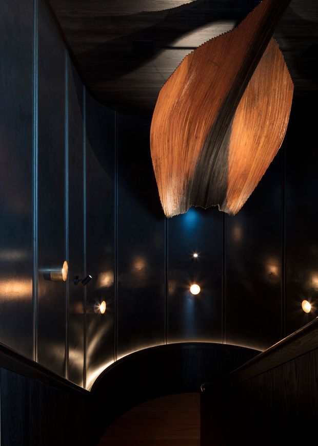 Dramatic dark interior featuring a sculptural suspended timber pendant light with organic, wing-like forms. Vertical dark wall panelling, concealed warm cove lighting, small wall sconces, and a curved timber-clad architectural element create a moody, luxurious atmosphere.