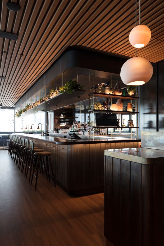 A sophisticated commercial bar interior with a long timber-clad counter, dark cabinetry, brass-toned shelving, hanging plants, and rows of bar stools. The space features a dramatic slatted timber ceiling, large spherical pendant lights, dark walls, and warm wood flooring, creating an intimate upscale hospitality atmosphere.